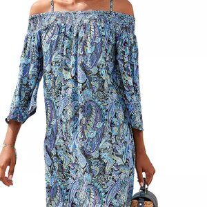 New Lascana Size 4 Off Shoulder Dress Blue X29468 NWOT Paisley Summer Beach